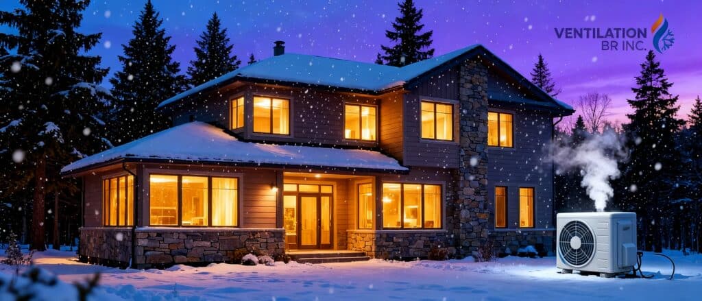Maison moderne Laurentides sous la neige avec thermopompe centrale Prévost installation Ventilation BR