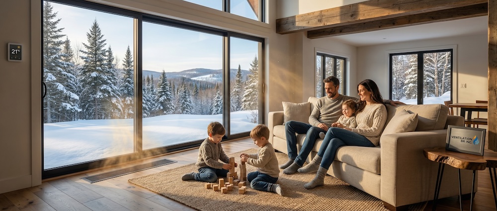 Famille confortable dans un salon des Laurentides grâce à un système central avec thermopompe installé par Ventilation BR