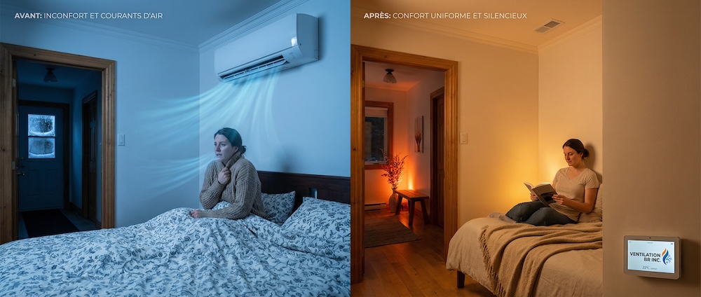 Comparaison thermopompe murale versus système central Ventilation BR : inconfort et courants d'air versus confort uniforme et silencieux
