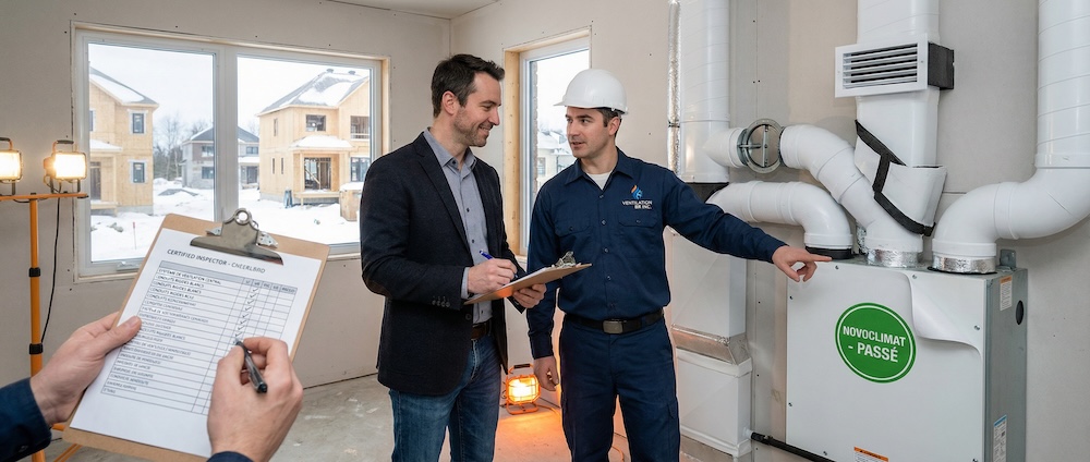 Technicien certifié Ventilation BR réussissant l'inspection Novoclimat pour un système central dans une nouvelle construction des Laurentides