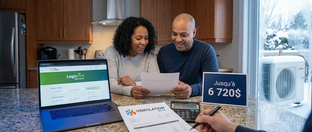 Couple des Laurentides découvrant les subventions LogisVert jusqu'à 6 720$ pour leur installation de thermopompe centrale avec Ventilation BR