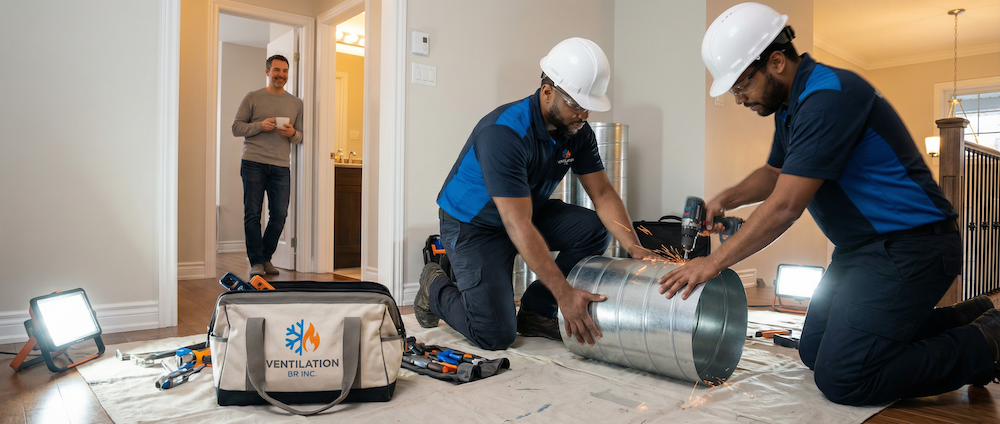 Équipe de techniciens certifiés Ventilation BR installant un système central avec thermopompe dans une maison des Laurentides