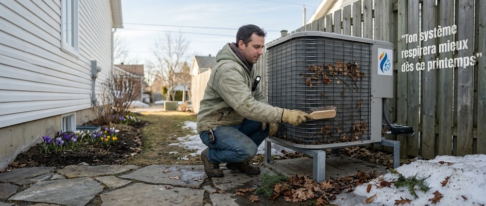 Nettoyage condenseur thermopompe sur support surélevé printemps
