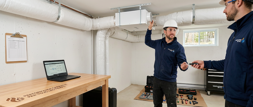 Technicien Ventilation BR casque blanc installant échangeur air VRE sous-sol maison Laurentides