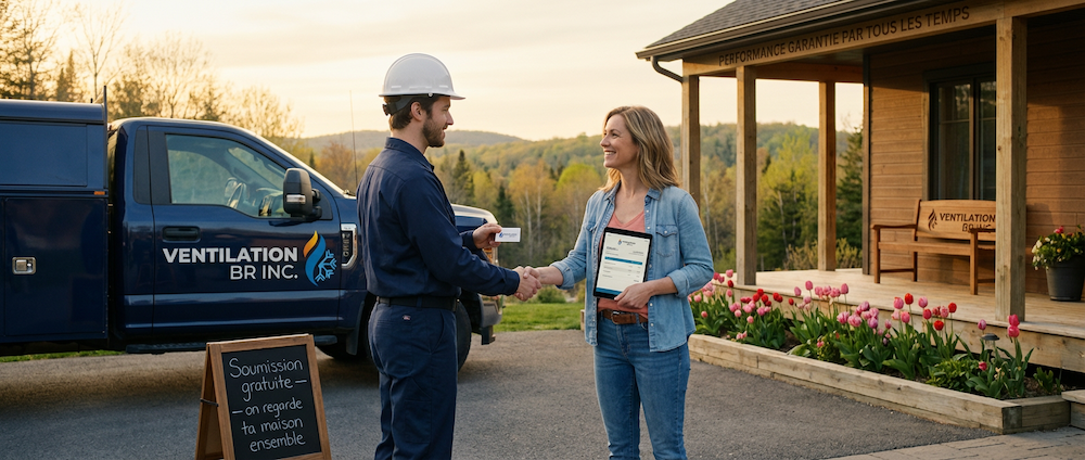 Soumission gratuite Ventilation BR technicien casque blanc cliente maison Laurentides printemps