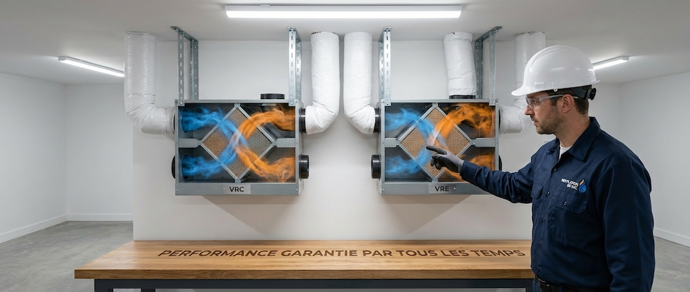 Technicien Ventilation BR casque blanc installant échangeur air VRE sous-sol maison Laurentides